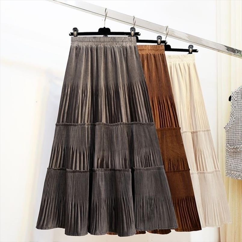 

elegant and fashionable womens skirts high waist solid color retro long velvet pleated plaid, Black