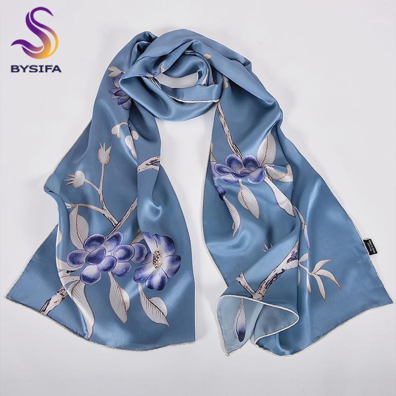

Scarves [BYSIFA] Brand Women Silk Shawl Scarf Fashion Luxury Ladies Pure Ink Blue Long Headscarves Top Grade, Blue;gray