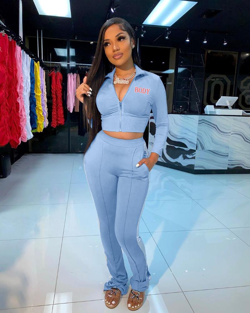 

Women' Two Piece Pants Wholesale Items Women Fall Clothing Casual Tracksuits 2 Set Outfits Long Sleeve Zipper Crop Top Flare Pant Bulk Lots, Black
