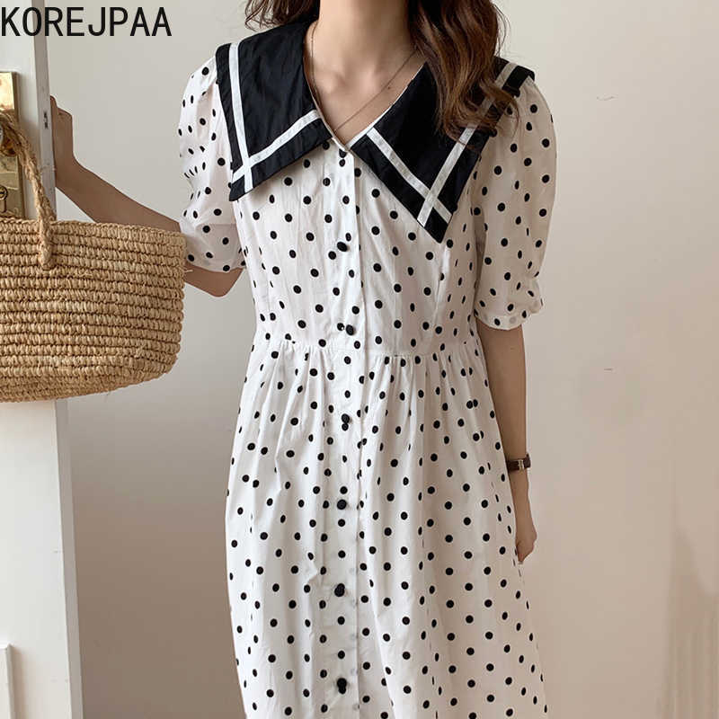 

Korejpaa Women Dress Summer Korean Fashion Elegant Retro Navy Collar Hit Color Single Row Buckle Loose Wave Point Dresses 210526, Green