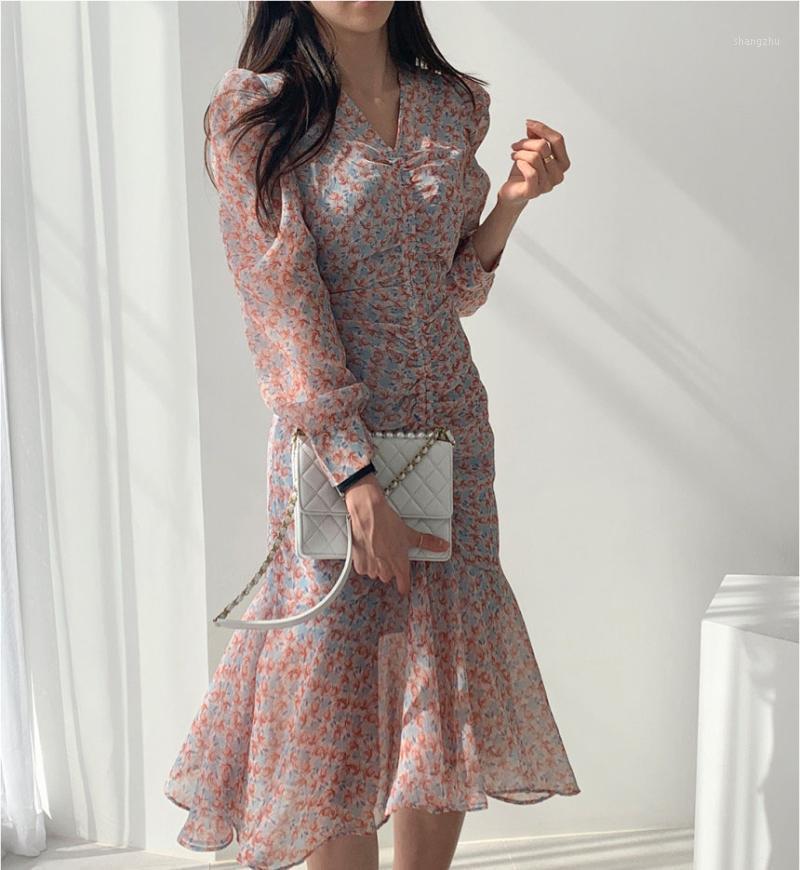 

Casual Dresses Vintage V-Neck Printed Chiffon Drawstring Mermaid Midi Dress Women Elegant High Waist Ruffle Vestidos 2021 Fashion Autumn, Photo color