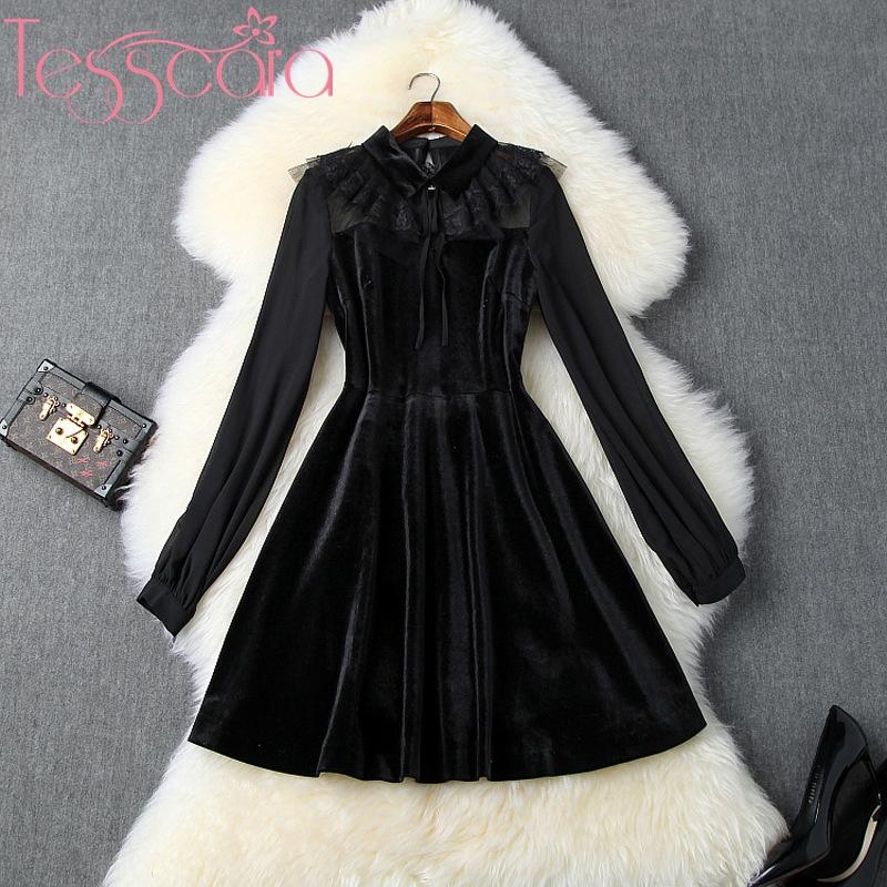 

Casual Dresses TESSCARA Women Runway Designer Autumn Vintage Ruffle Velvet Dress Festa High Quality Black Cocktail Party Robe Femme Vestidos