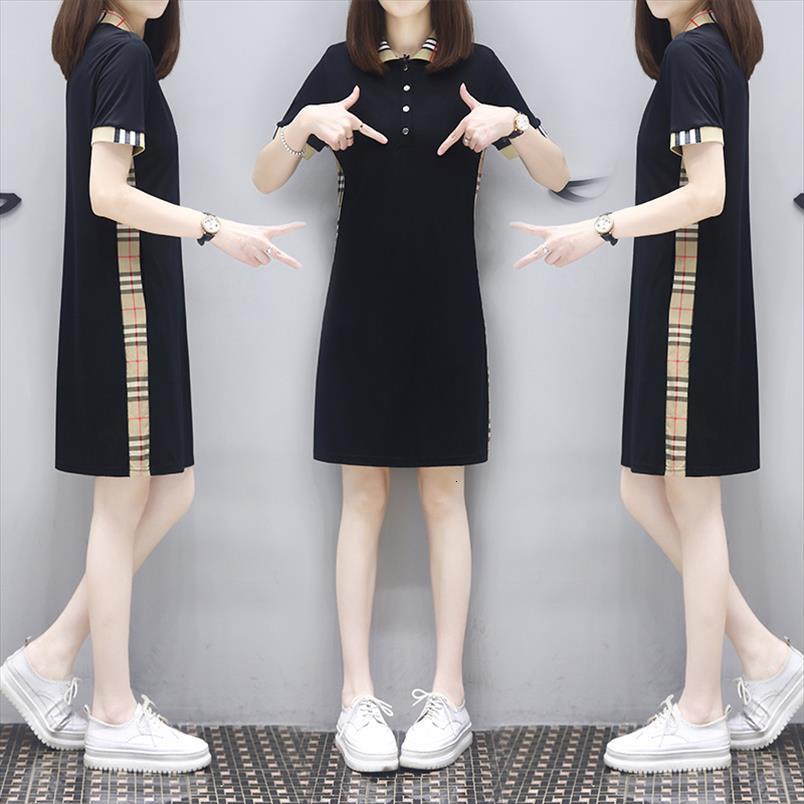 

summer temperament slimming plaid mid women dress length polo collar long t shirt loose casual plus size, Black;gray