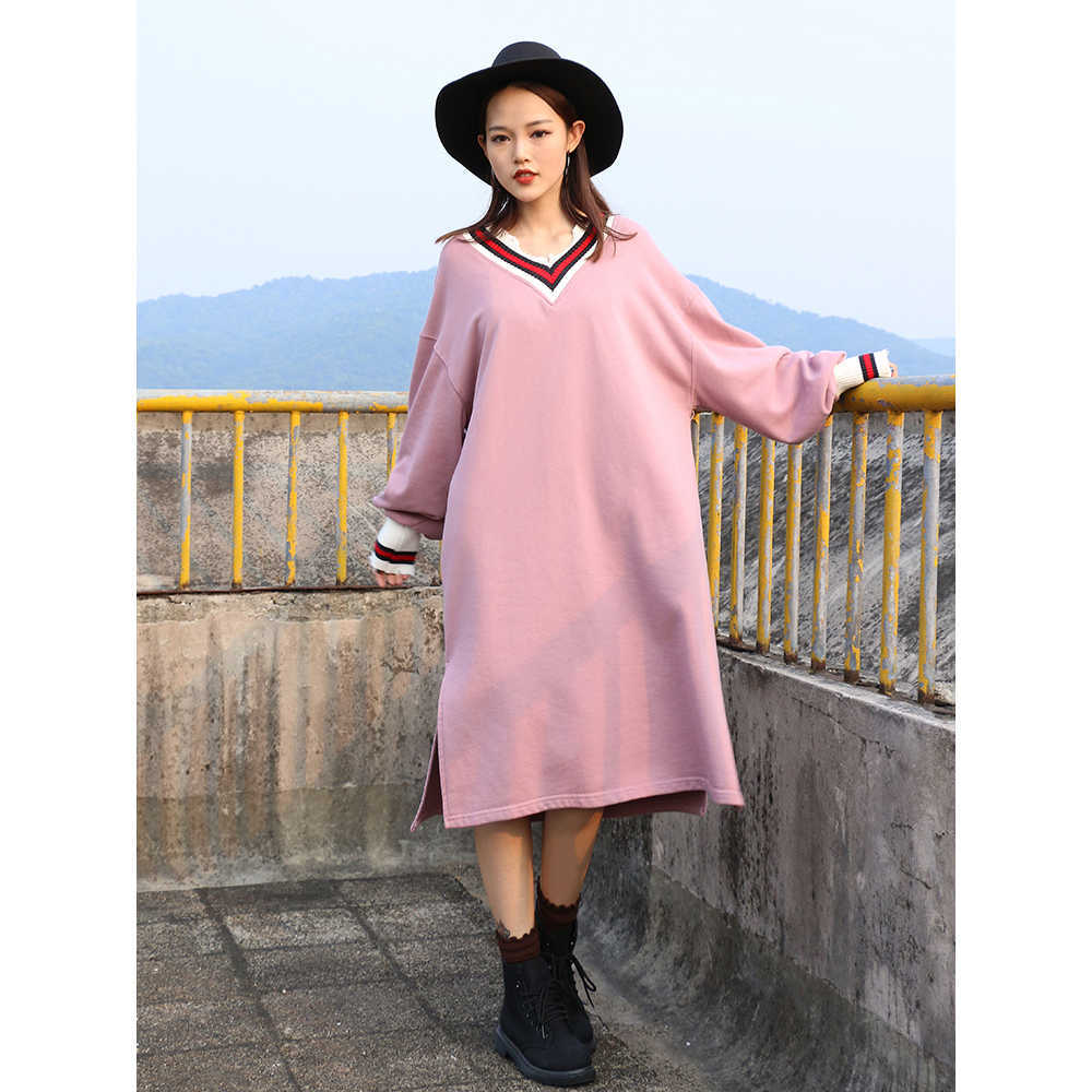 

Women Hoodie Dress Harajuku Loose V Neck Mid Sweatshirts Casual Oversized Plus Size Lady Outwear Streetwear 210608, Gray