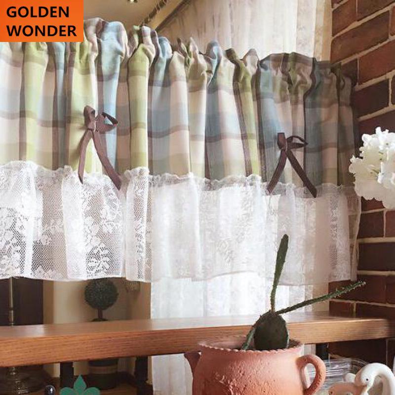 

Curtain & Drapes Country Style Short Door Kitchen Curtains Coffee Plaid And Lace Cotton Material Cabinet Green, W130cm h45cm
