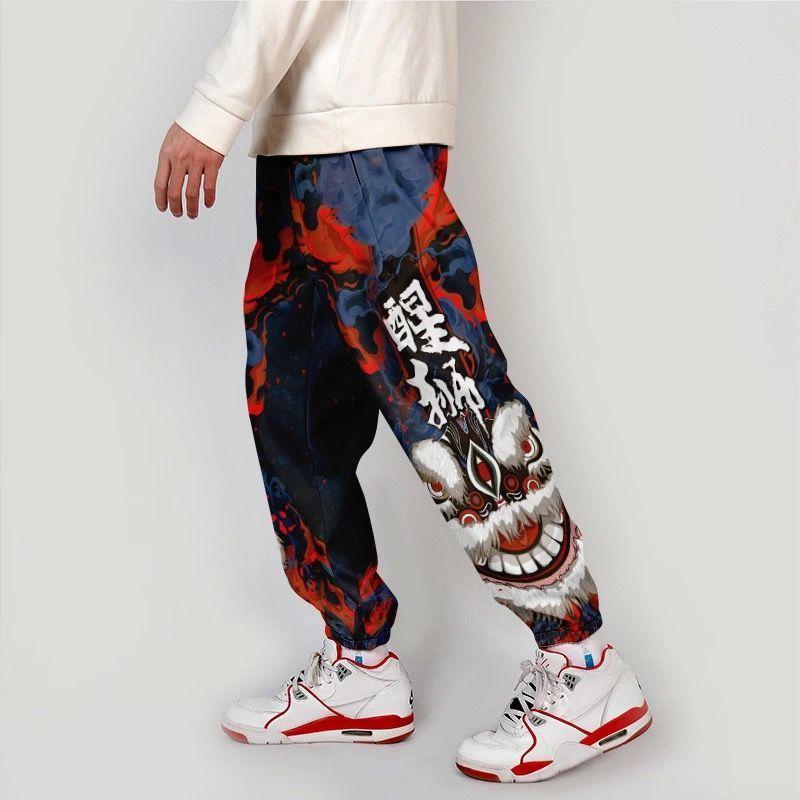 

Men's Pants Men Sports With Print Joggers Sweatpants Plus Velvet Jogging Chinese Style Lion Wake Streetwear Hip Hop Harajuku, Black
