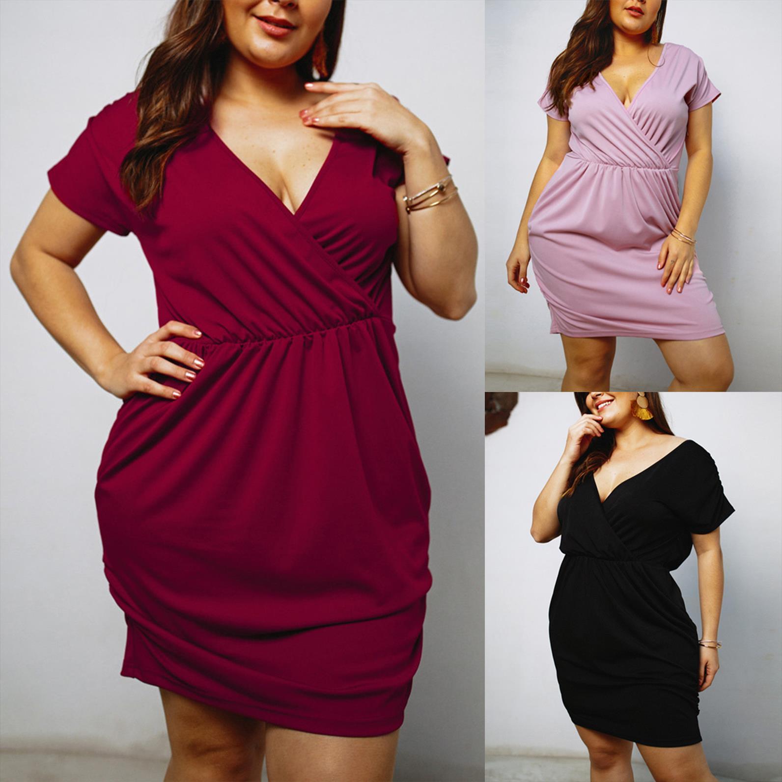 

plus size summer women dress v neck buttocks draw back midi dresses ladies large pleated short sleeve vestidos, Black;gray