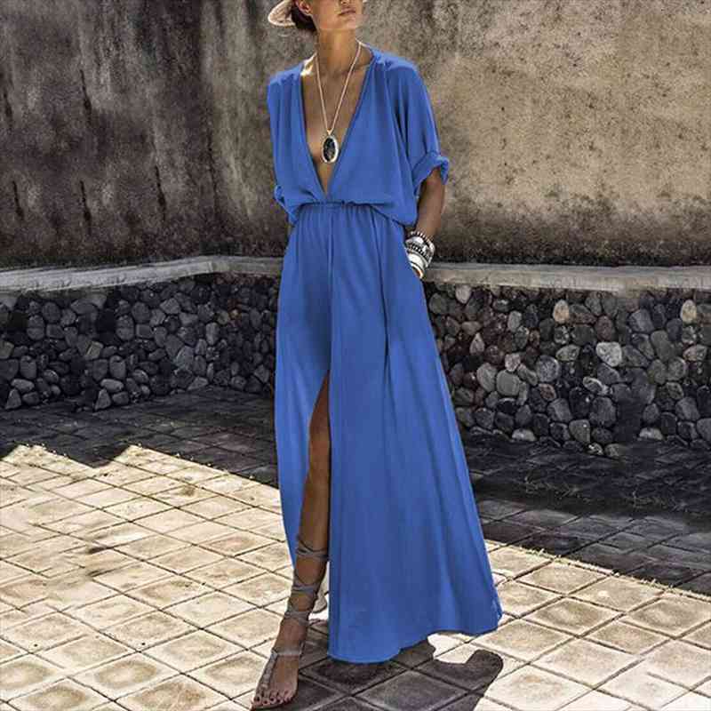 

Summer Long Maxi Dress Female Casual Loose Beach Dress Ankle-length Empire V-neck Long Split Dresses Vestidos Women Boho, Black;gray