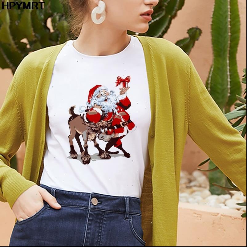 

merry christmas fashion graphic womens t shirts cute santa claus and reindeer tee kawaii hipster, White