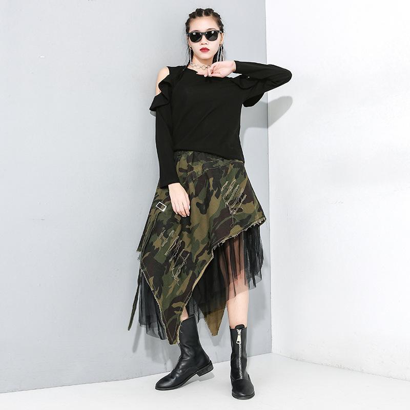 

Skirts 2021 Spring Cotton Camouflage Combination Net Yarn Denim Skirt Women Retro Personality Irregular Female Mini Dresses