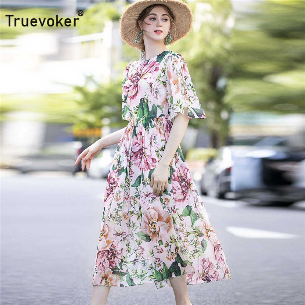 

Truevoker Runway Designer Summer Vocation Beach Dresse's Elegant O-Neck Half Sleeve Flower Printed Midi Holiday Vestdios 210602, Multi