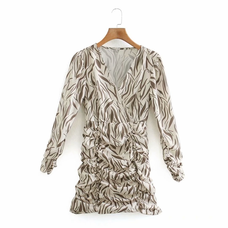 

Fashion Slim Floral Pleated V neck Dress Long Sleeve Bodycon Mini Clubwear Party For Women Spring Summer 210525, Khaki