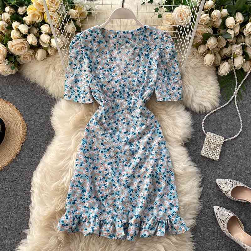 

Kleid Boho Vintage Dres Slim Bodycon Summer Sexy V Neck Puff Sleeve Ruffles Floral es Ladies Robes 210602