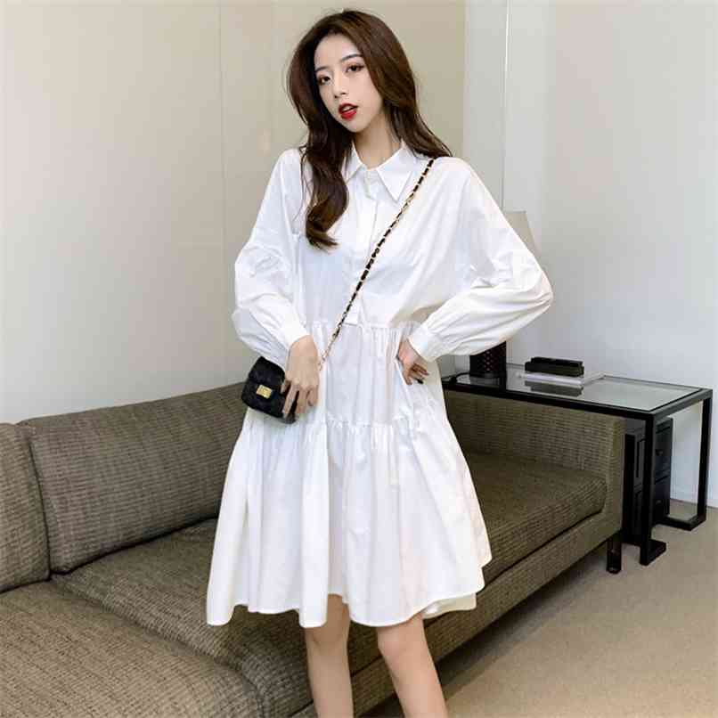 

Fashion women' dress spring and autumn solid color loose long-sleeved single-breasted asymmetric A-line shirt 210520, White