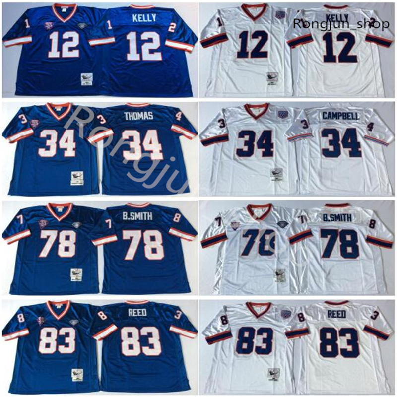 

NCAAA Football 12 Jim Kelly 34 Thurman Thomas 78 Bruce Smith Jersey 83 Ander Reed Team Blue White Man Vintage Stitched
