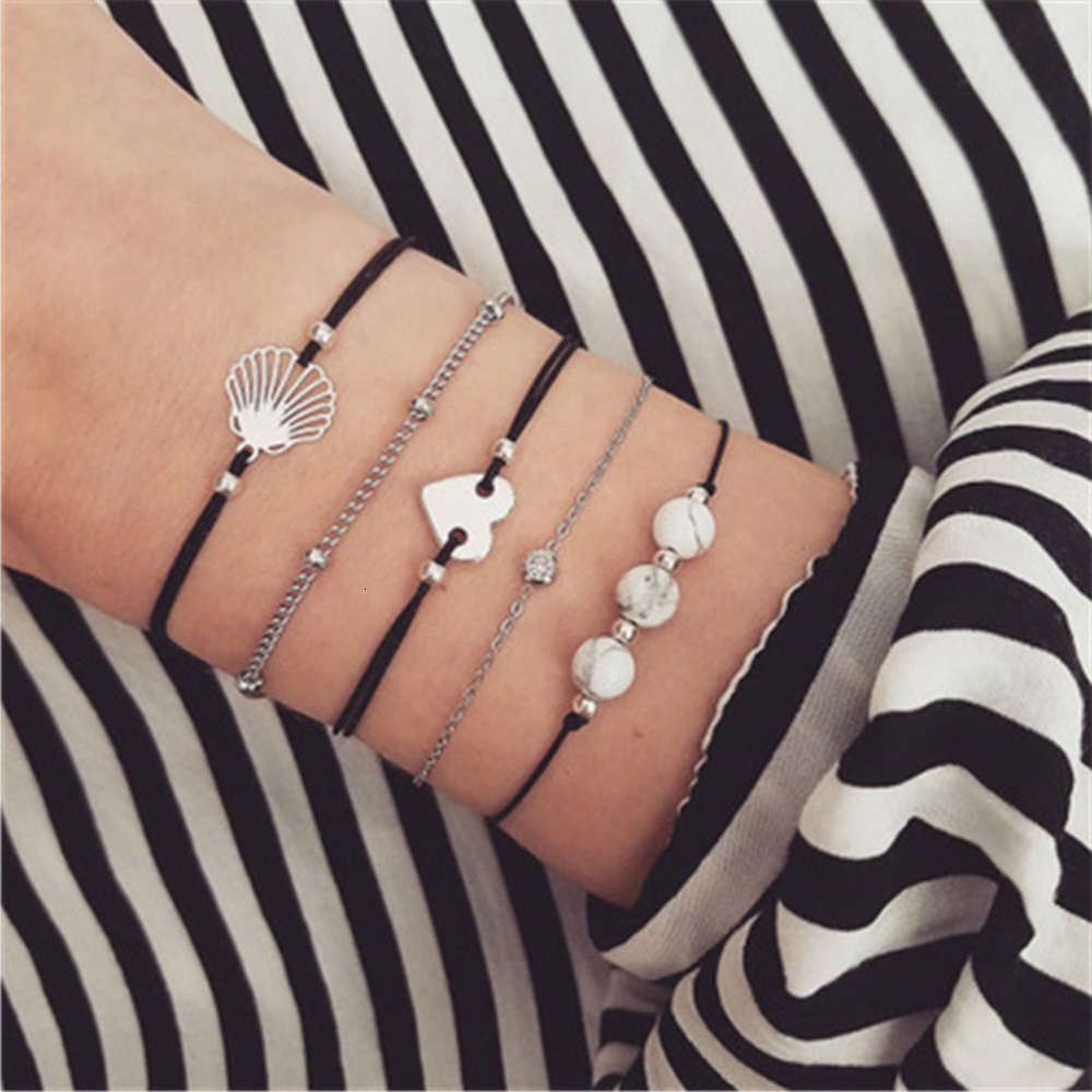 

Hand catenary Set hand ornaments women's multi-layer love shell Beaded five piece set of Bracelet woven jewelry, Black