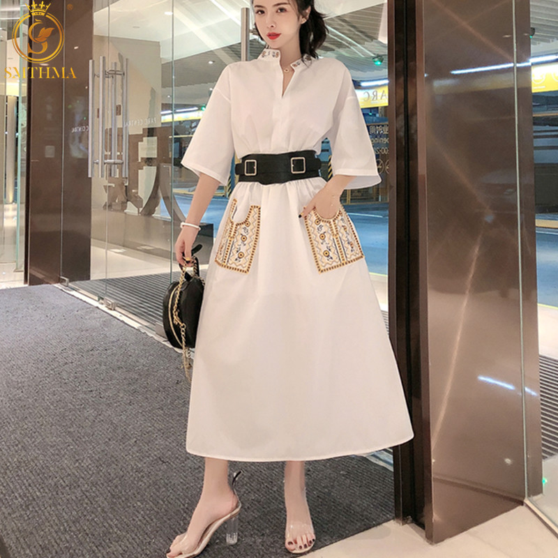 

Fashion Women Elegant Embroidered Pocket Dress White Female Casual Temperament Party Vestidos Robe With Belt 210520, Picture color
