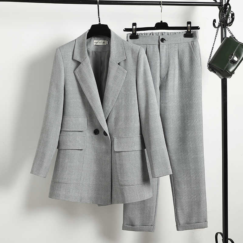 

Plaid Mid-length Women's Professional Wear Temperament Casual High Quality Loose Ladies Office Jacket Two-piece Elegant Trousers 210527