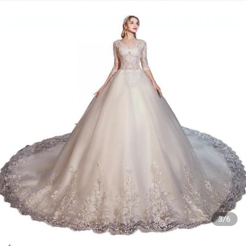 

Wedding Dress With Long Sleeves Appliques Lace Up Back Bridal Dress, Gold