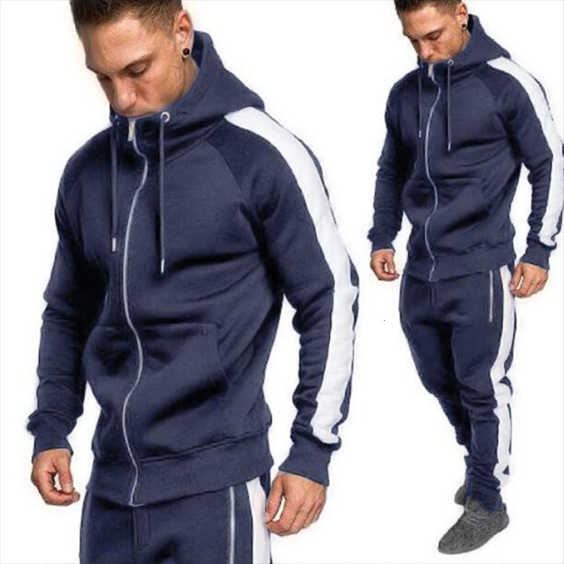 

zogaa sweatsuit hoodies sets men tracksuits stripe patchwork zipper sport hooded sweatshirts sweatpants 2 pieces, Gray
