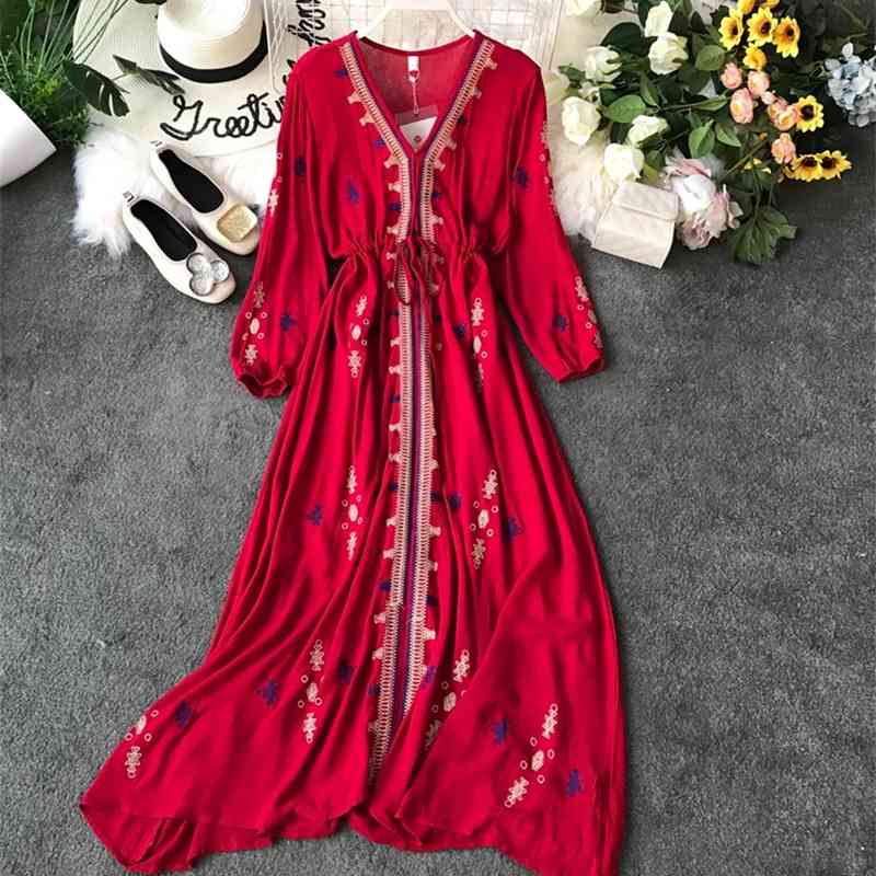 

Women Liner Dress Retro Spring Summer Slim With Belt Bandage Red Long Robe Ladies V-neck Vintage Embroidery Boho Vestido 210602
