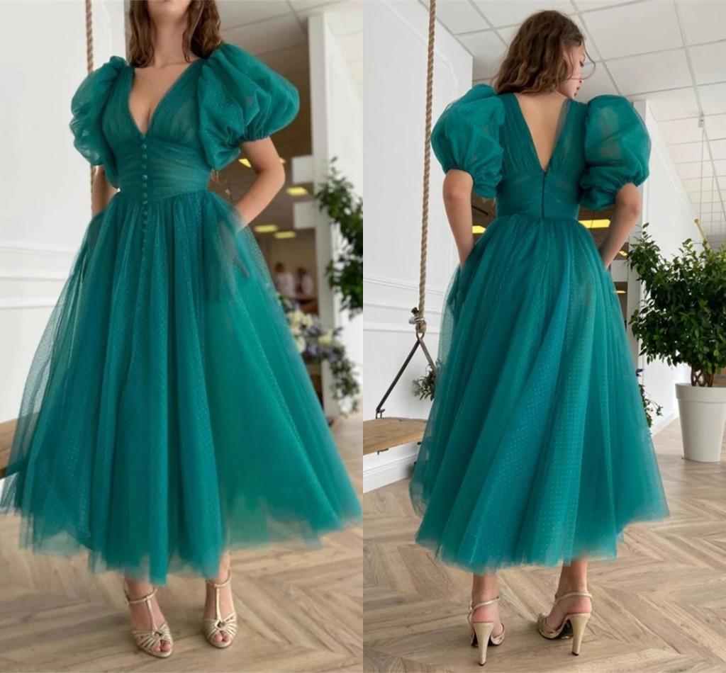 

2021 Vintage Teal Prom Dresses with Pockets Short Sleeves Deep V Neck Custom Made A Line Tea Length Plus Size Evening Party Gown Formal Occasion Wear vestidos, Purple