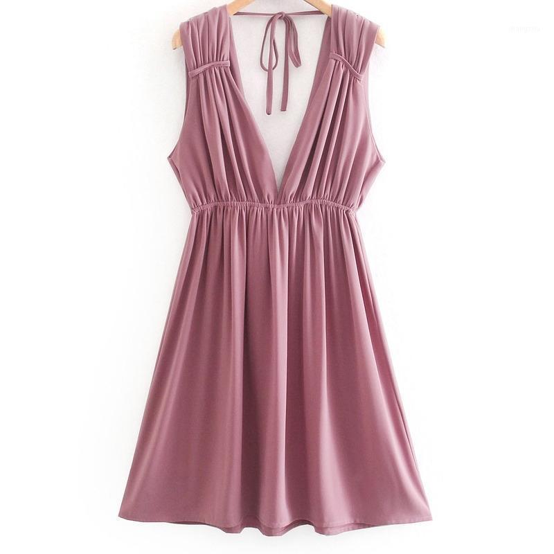 

Casual Dresses Sexy Deep V-neck Bandage Backless Mini Dress Women Draped Slim A-line Solid Female Robe 2021 Summer Chic Sleeveless Vestidos, Pink