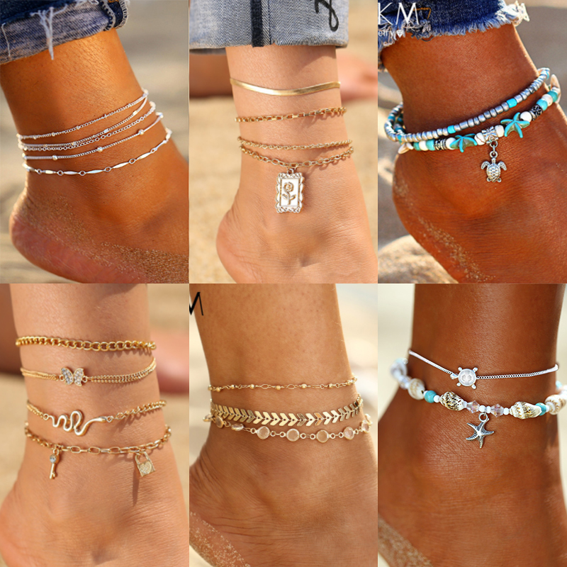 

New Vintage Anklet Set Fashion Anklets For Women 5pcs/set Multilayers Adjustable Anklet 2020 Bracelet On Leg Foot Beach Jewelry