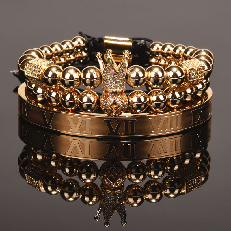 

3pcs/Set Luxury Crown Bracelet Pave Cubic Zirconia Ball Charms Copper Beads Men Cuff Roman Numeral Bracelets For Drop ShippingBracelets