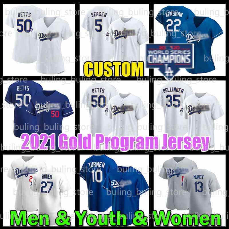 

10 Justin Turner Jersey 2021 Gold Program Trevor Bauer Dodgers Mookie Betts Dustin May 16 Will Smith 77 Dennis Santana Walker Buehler Custom, Blue;black