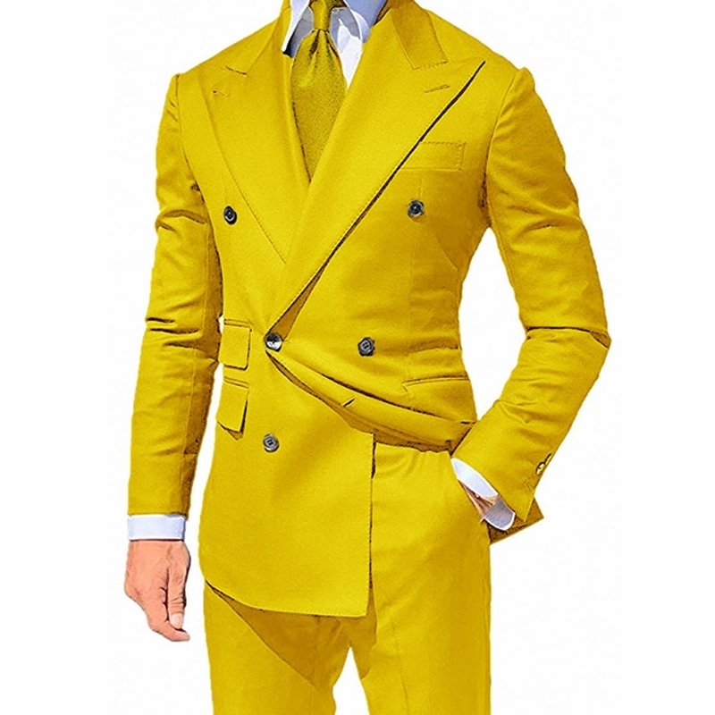 

Yellow Double Breasted Slim fit Suits for Men Peaked Lapel Custom 2 piece Wedding Groom Tuxedos Man Fashion Clothes Set Jacket 201105