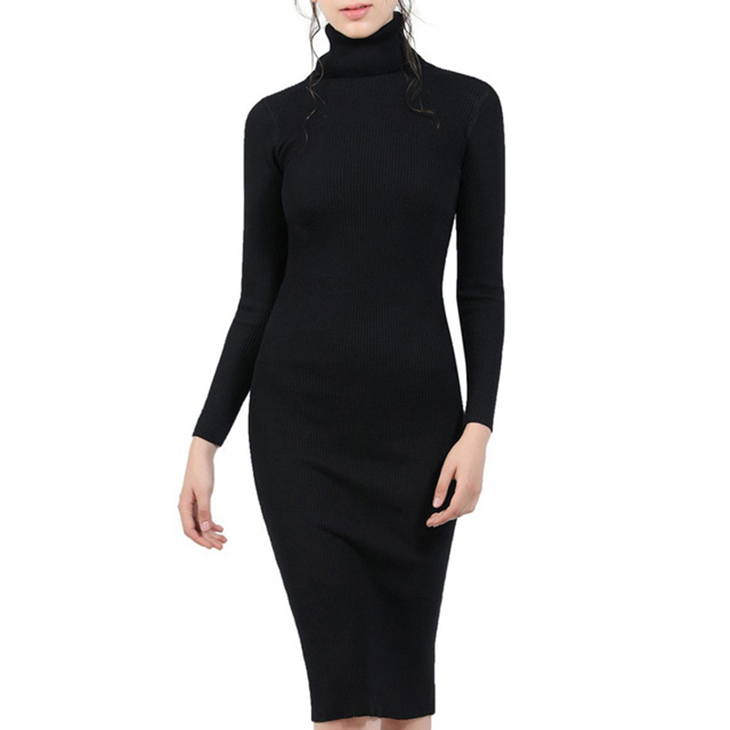 

Women Autumn Winter Knitted Sweater Dresses Slim Elastic Turtleneck Long Sleeve Sexy Lady Bodycon Dresses, Gray