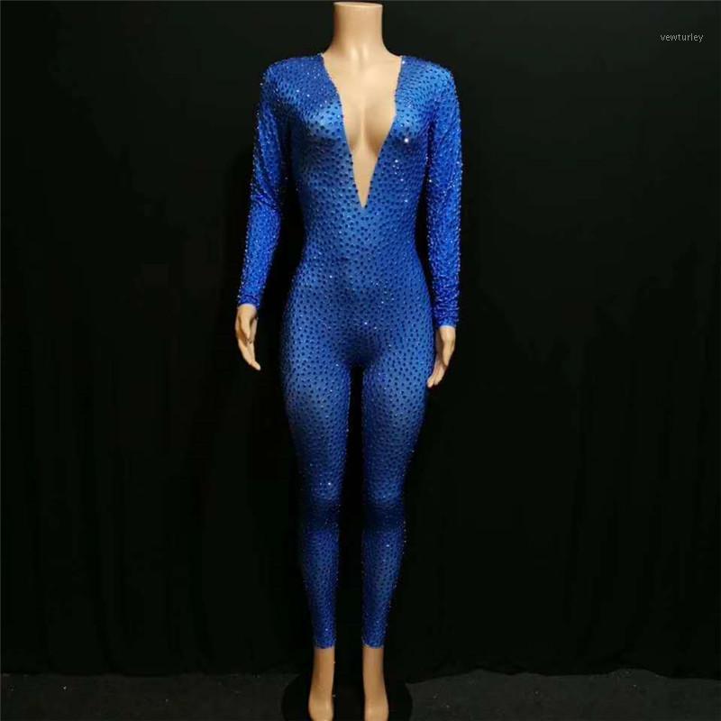 

Party Decoration Y25 Blue Rhinestone Female Bodysuit Singer Full Diamonds Jumpsuit Sexy Mesh Perspective Outfits Stage Costumes Bar Performa