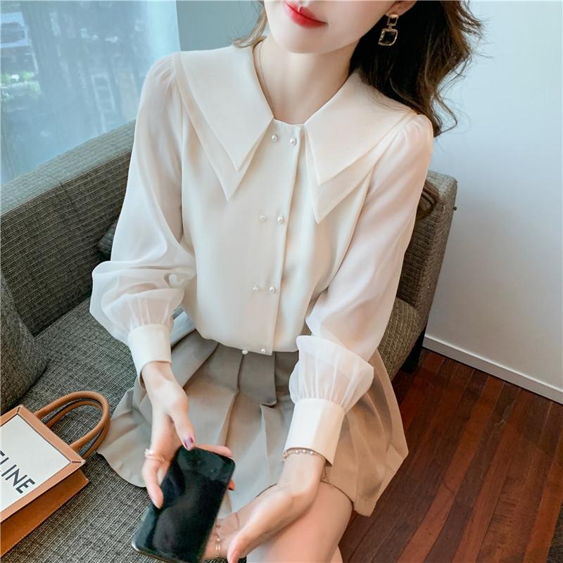 

Women' Blouses & Shirts #2049 Beige Black Chiffon Blouse Shirt Women Double-Layer Collar Sexy Basic Woman Loose Perspective Long Sleeved