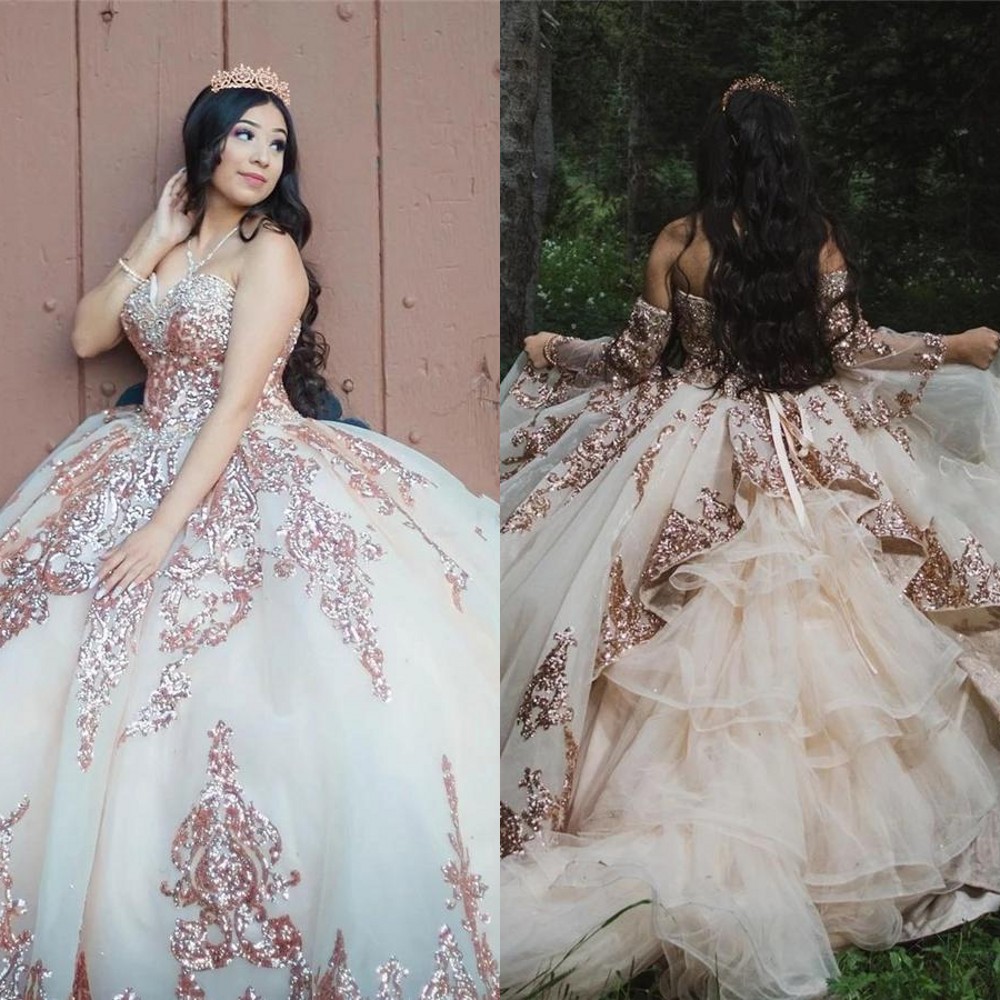 

2021 Sexy Rose Gold Sequined Lace Quinceanera Dresses Ball Gown Crystal Beads Sequins Sweetheart With Sleeves Champagne Ruffles Party Dress Prom Evening Gowns, Same as picture