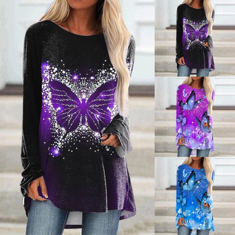 

Women's Blouses & Shirts Women Casual Blouse Sexy O-neck Butterfly Print Long Sleeve Pullover Shirt Tops Boho Femme 2022, White