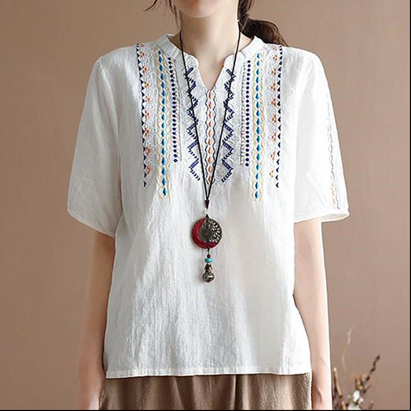 

plus size for women blouses 100% cotton vintage blouse embroidery ladies summer casual short sleeve loose, White