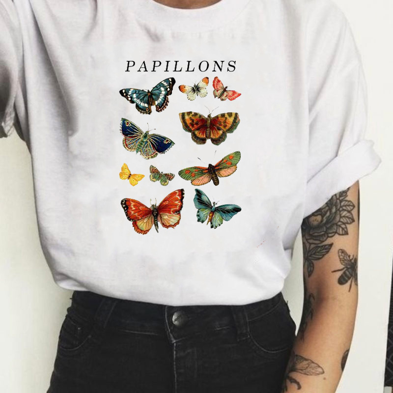 

PAPILLONS Butterfly Graphic Tee 100% Cotton Harajuku Hipster Crew Neck Women T-Shirt Cute Aesthetic Vintage Cool Female Top 210518, Yellow