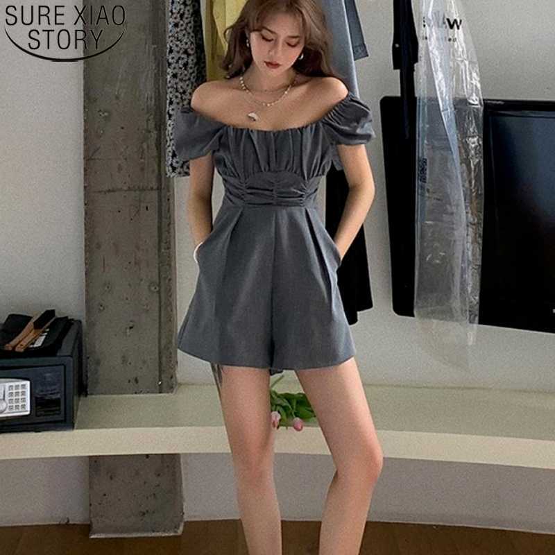 

Women' Puff Sleeve Summer Fashion Pleated Wide Leg Shorts Waist Hugging Slash Neck Office Lady Off-Shoulder Playsuit 14395 210527, Black