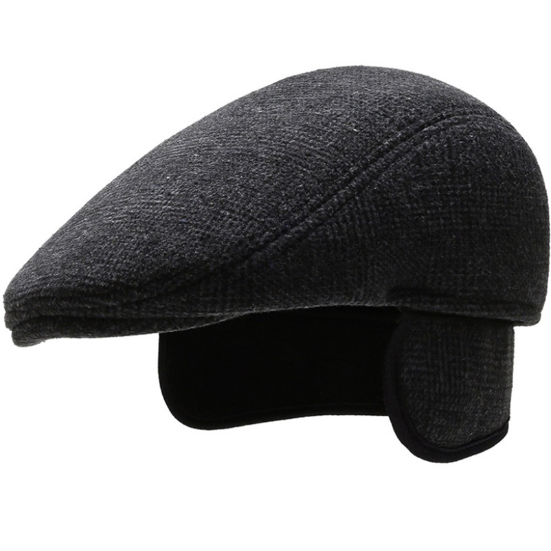 

HT2725 Thick Warm Earflap Cap for Men Autumn Winter Beret Male Ivy sboy Flat Vintage Plaid Ear Flap Dad Hat 210429, Gray