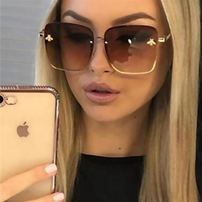 

2021 Fashion Lady Oversize Rimless Square little Bee Sunglasses Women Men Gradient Sun Glasses Female UV400