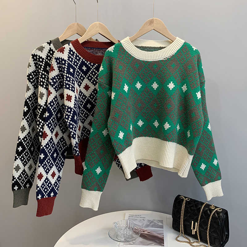 

Winter Short Knitted Christmas Sweater Women Long-sleeved Round Collar Korean Loose Print Pullovers 8038 210607, Grey