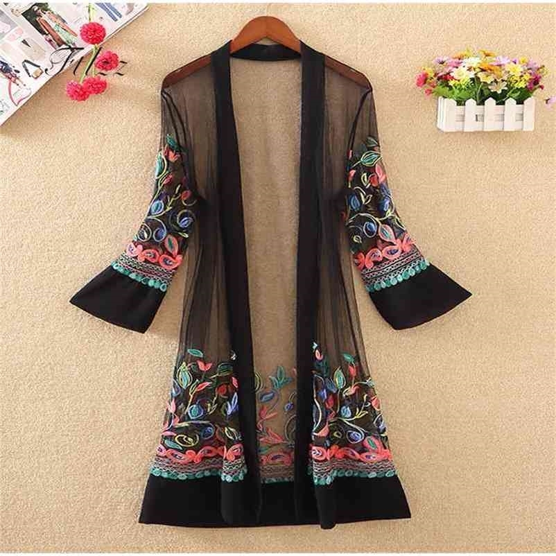 

Women Floral Embroidered Long Jacket Summer Net Cardigan Casual Sleeved Thin Coats Ladies Vintage Beach White Outerwear 210602
