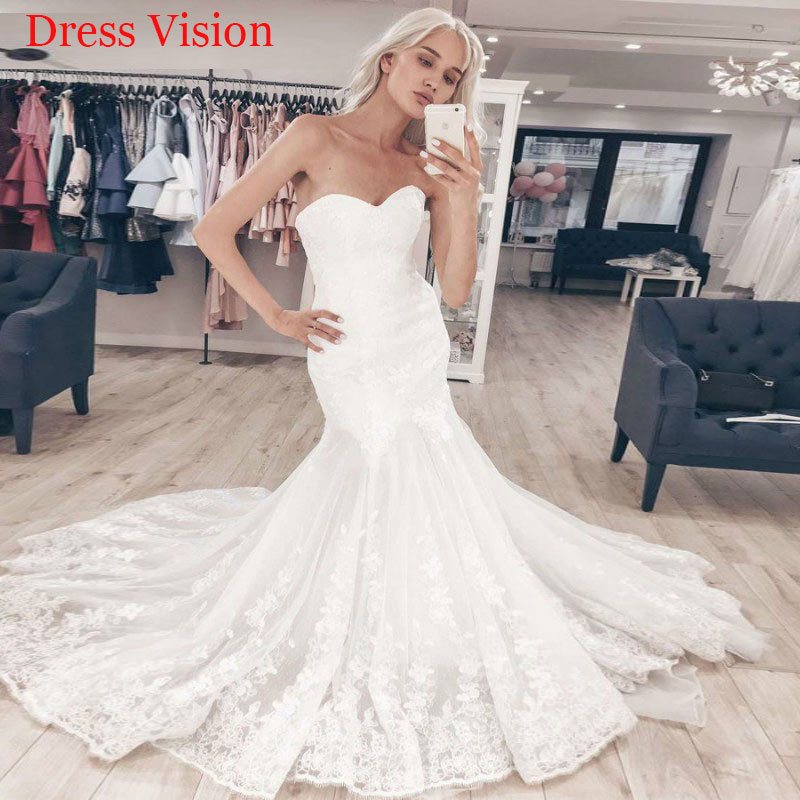 

Sexy Strapless Mermaid Wedding Dresses Wedding Bridal Gowns Robe De Marie Vestidos De Novia Lace Appliques, White