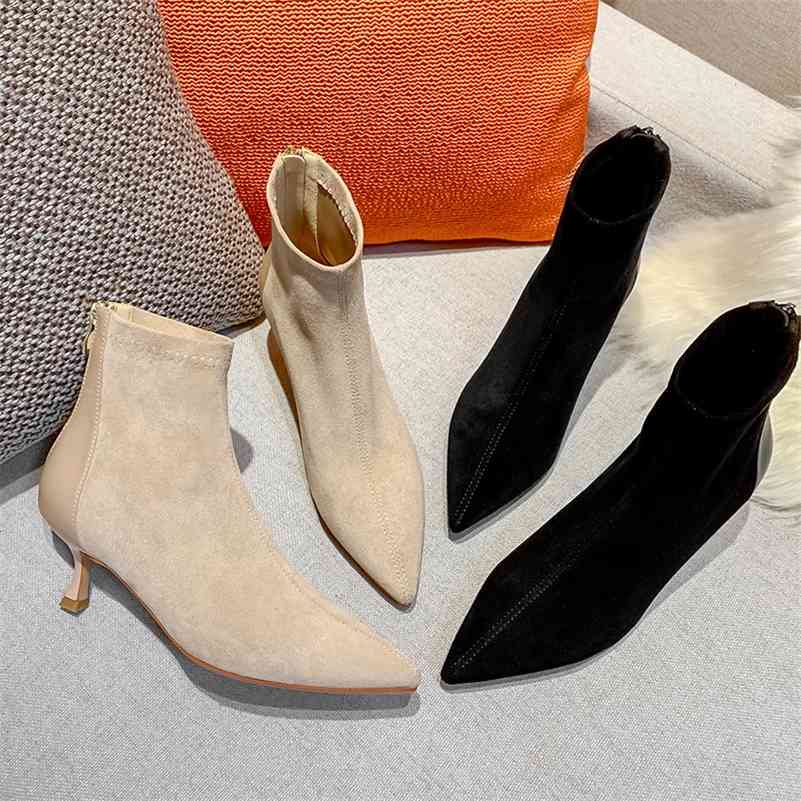 

Winter Short Boots Women Shoes Faux Suede Leather Point Toe Zipper Black Beige Sexy Tight Thin High Heels Women Ankle Boots 210520, 1902-23-beige