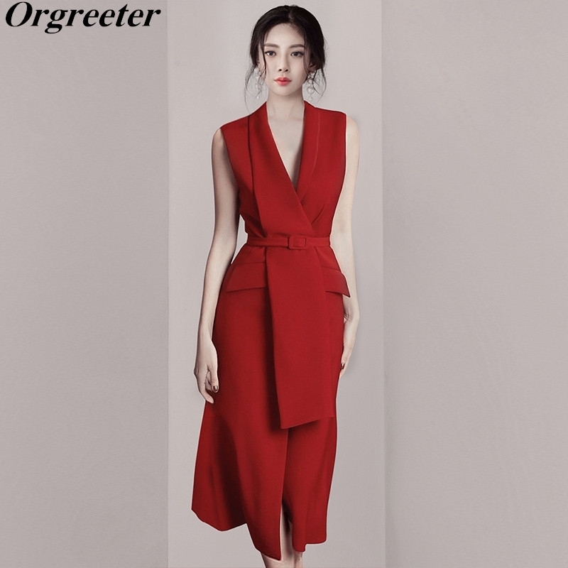 

Elegant Office lady Solid Color Sleeveless V-neck Belt Blazer Irregular Dresses Chic Front Slit With Long 210525, Black
