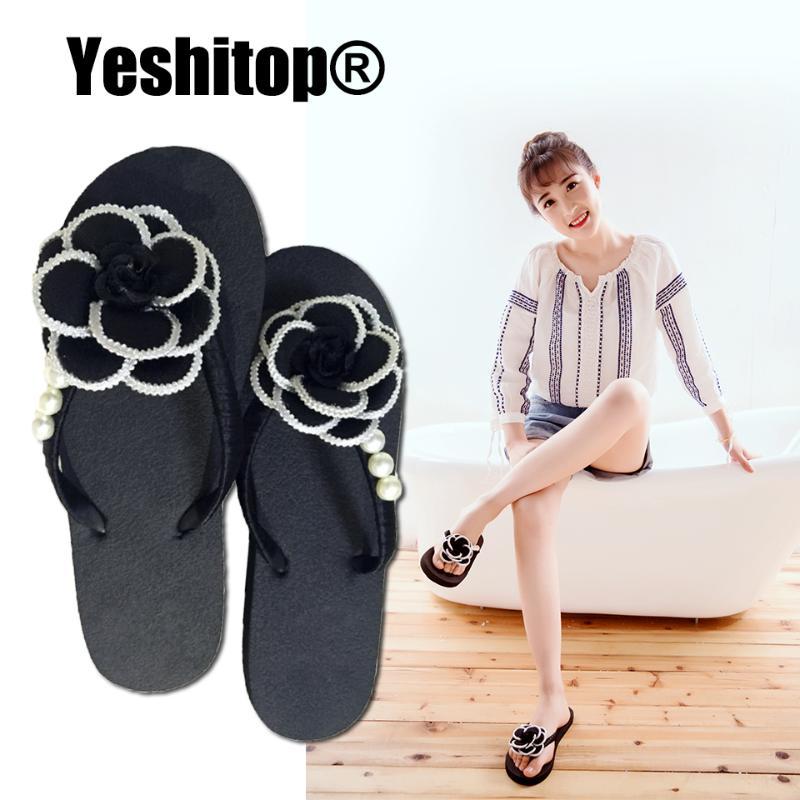 

Fashion Ladies DIY Sweet Flip Flops With EVA Sole Floral Flat Sandals For Casual And Beach Attire Slippers, Black