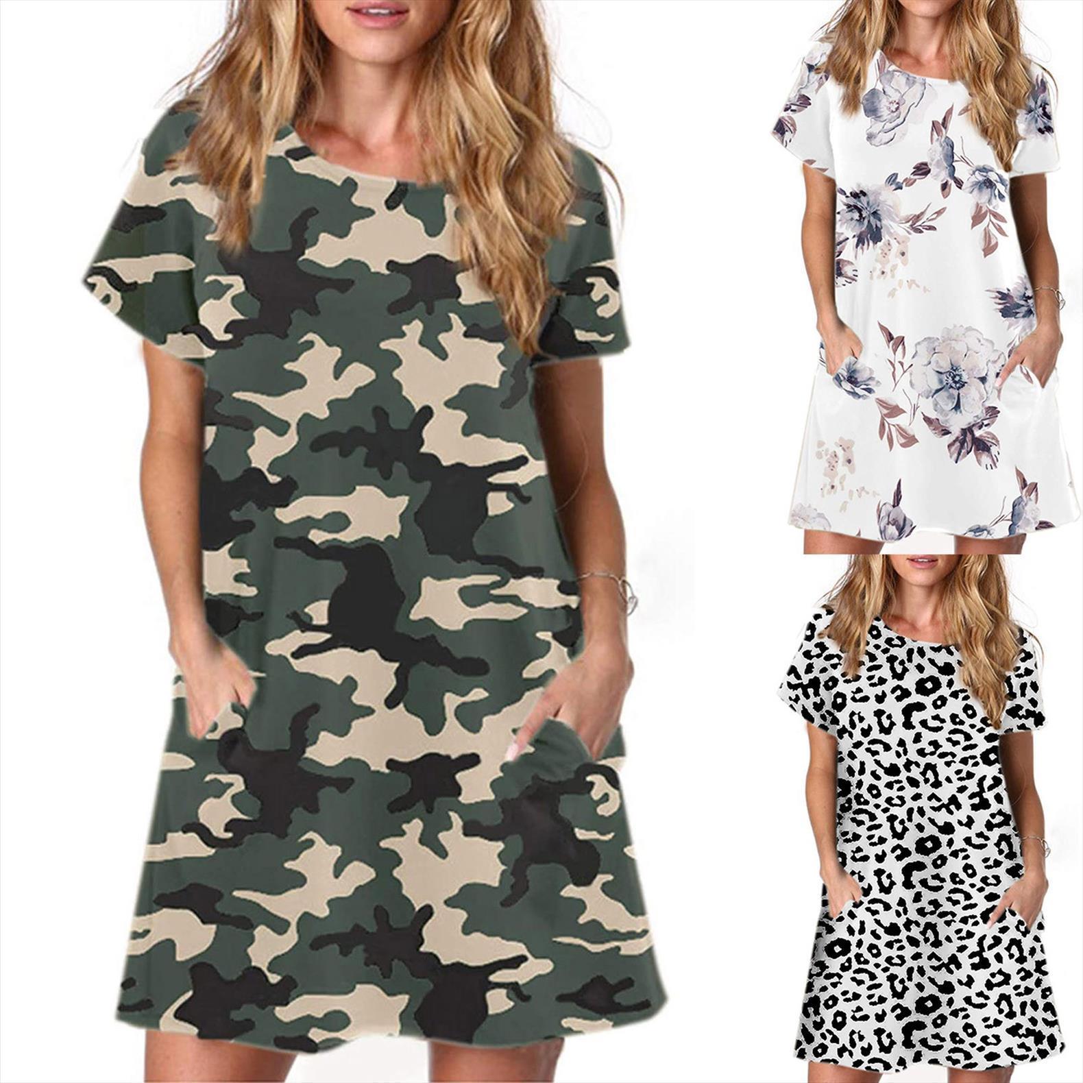 

casual loose t shirt womens dresses summer plus size o neck a line short sleeve pocket tunic, Black;gray