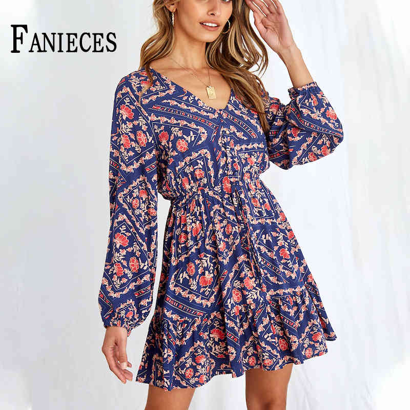 

Autumn Women V-neck Elegant Long Sleeve A-Line Mini Dress Vintage Female Floral Print Casual Dresses Vestidos robe 210520, Navy blue