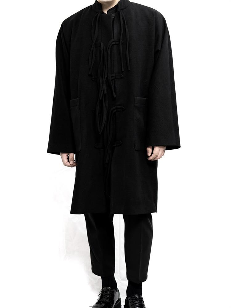 

Men' Wool & Blends Original Yamamoto Male Mao Ni Coat Stand-up Collar Chinese Style Disc Button Tang Suit, Black